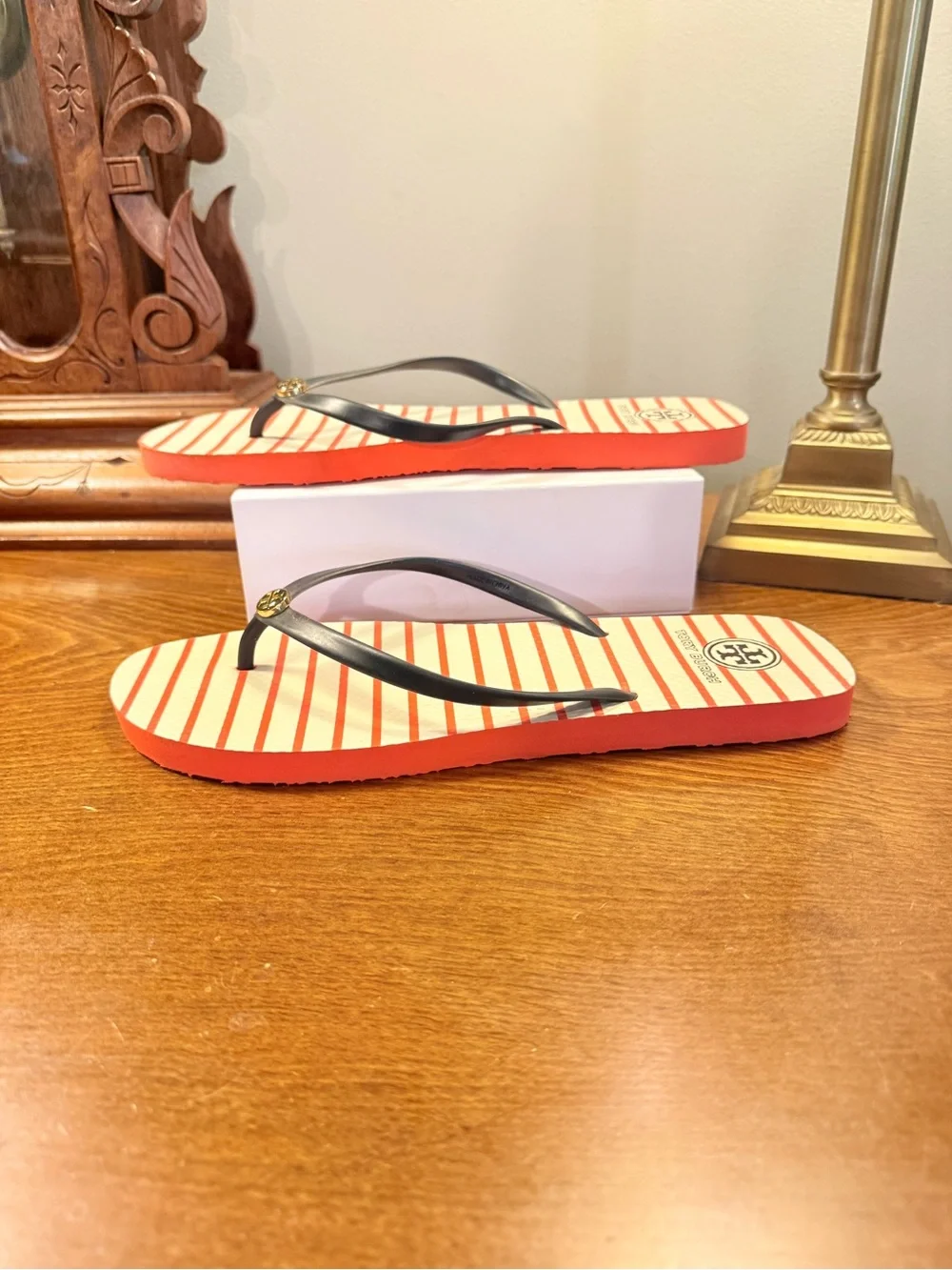 Tory Burch Cream Orange Striped Flip Flop Sandals with Navy Straps Size 11